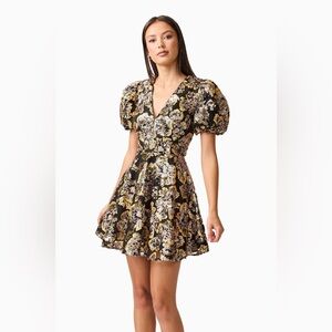 ELLIATT Celeste Puff Sleeve Sequin Mini Dress- Black & Gold Cocktail Date M NWT